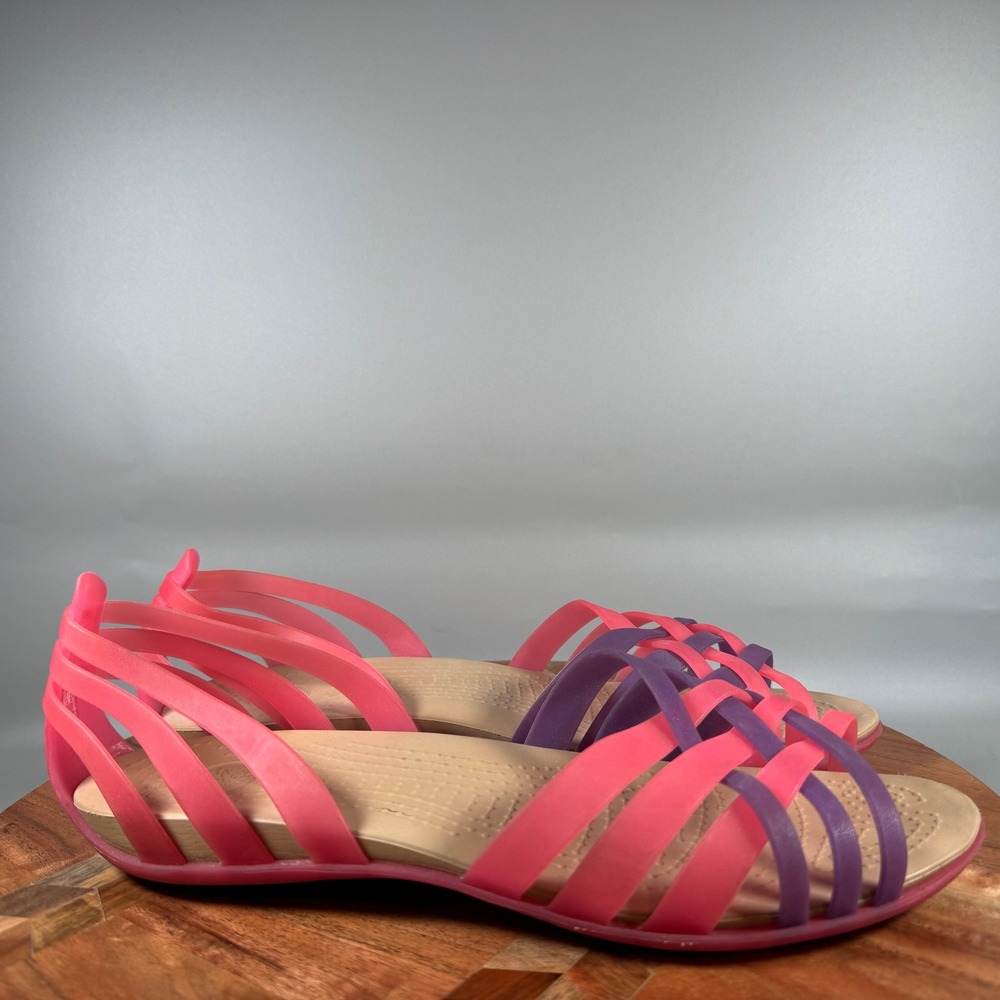 Crocs Huarache Flat Sandals Womens 11 Pink Purple Strappy Jelly Shoes 14121